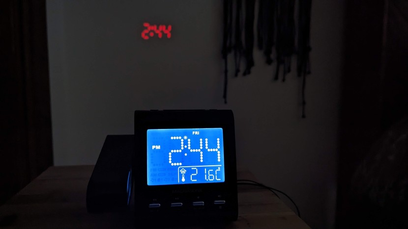 the magnasonic projection clock puts the time up on the wall for an...