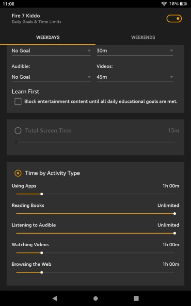 through parental controls, weekend and weekday limits can be set...