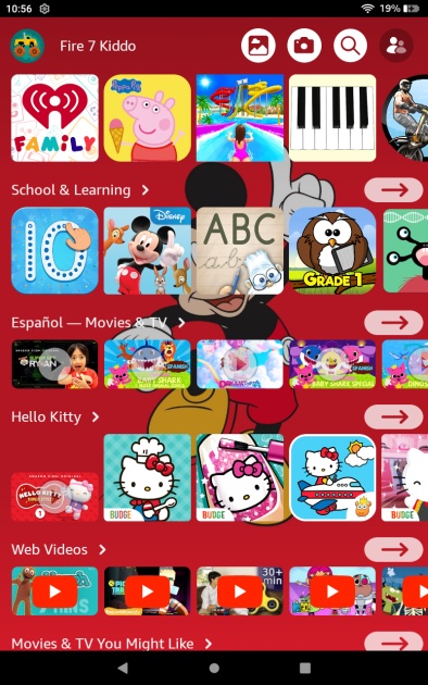 the home screen of the amazon fire 7 kids tablet. content is broken...