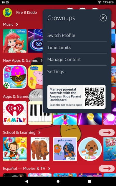 here you can switch out of kid's mode and into adult's mode, where...