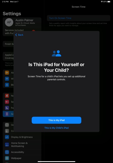 upon setting up the ipad, it'll ask if it's for you or your child...