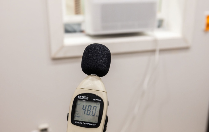 window air conditioner - measuring the quiet operation of this model with a sound level meter.
