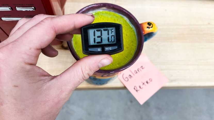 galanz retro glcmkz07rdr07 - checking the temp of soup after the heating test.