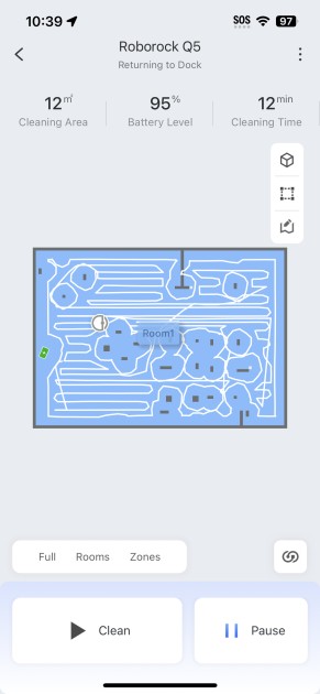 roborock q5 - a screenshot of the roborock app, and the q5's coverage layout of a...