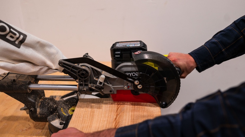 ryobi 18v one+ 7-1/4-inch single bevel sliding compound pbt01b - the model&#039;s range is impressive as it executes a cross-cut on a 2x10.
