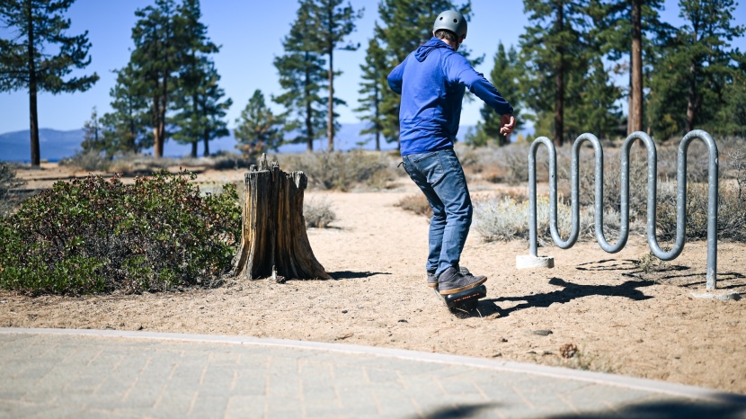 electric skateboard - the onewheel gt absolutely ripped, letting us zoom off the easy path...