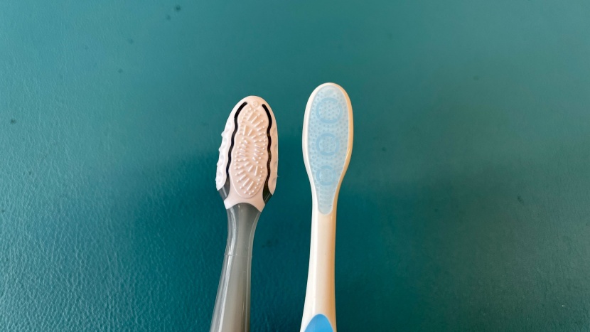 colgate 360 sensitive extra soft - the colgate (right) has an effective tongue scraper.