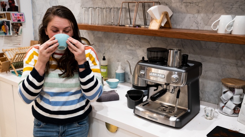 calphalon temp iq - taking a sip during our espresso quality tests. this machine is easy...