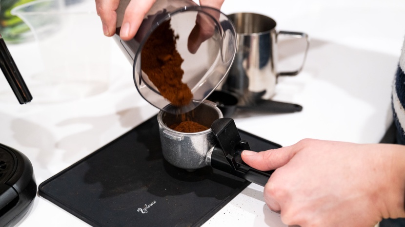 mr. coffee 4-shot steam espresso - prepping our portafilter with frest grounds. this machine requires...