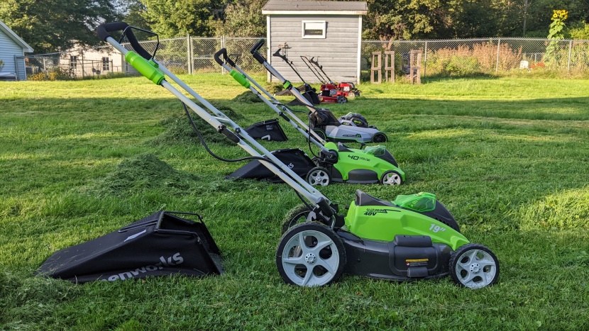 the lawnmowers all lined up for their bagging test.