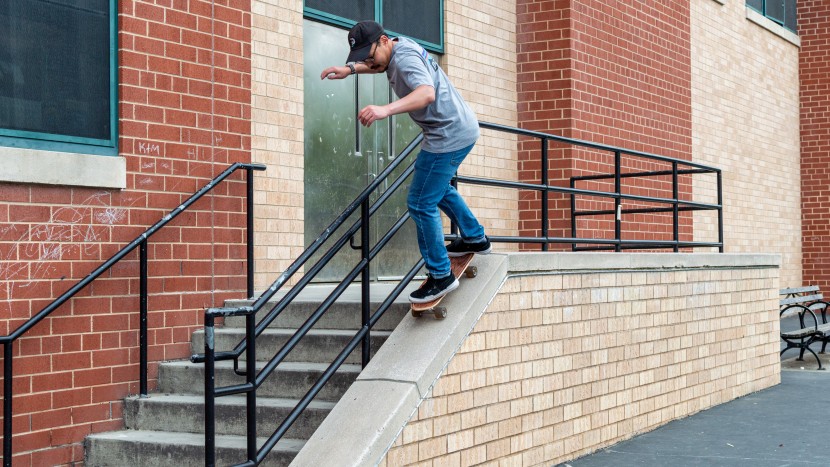 jackson dropping in on a schoolyard ledge with the arbor pocket...