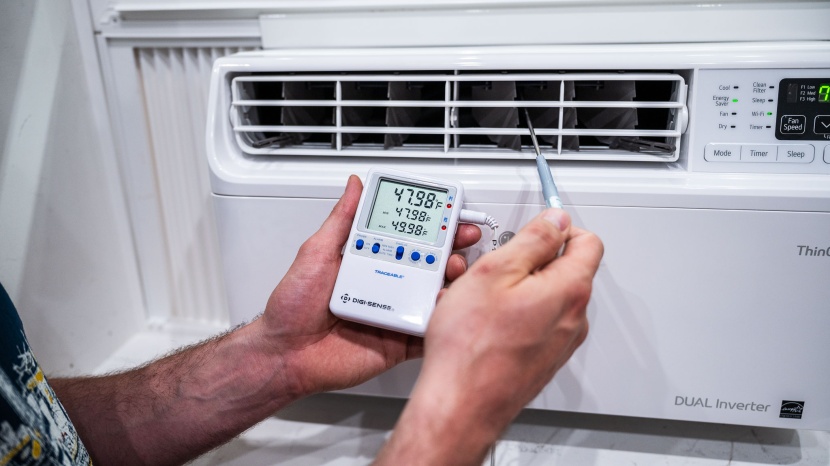 window air conditioner - we test and record temperature of the air coming immediately out of...