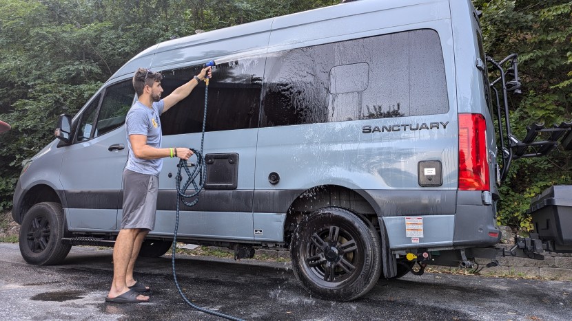 the 50-foot flexi is long enough to reach around a campervan, while...