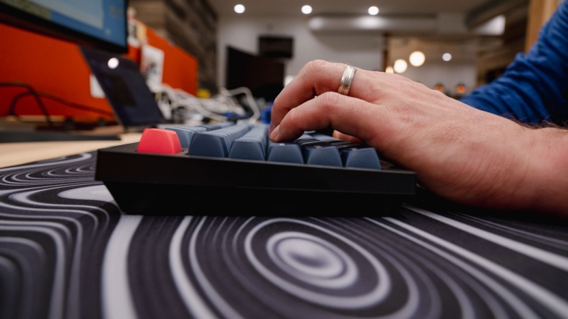 keychron v5 max - with tall keycaps, mechanical switches, and noticeable operating...