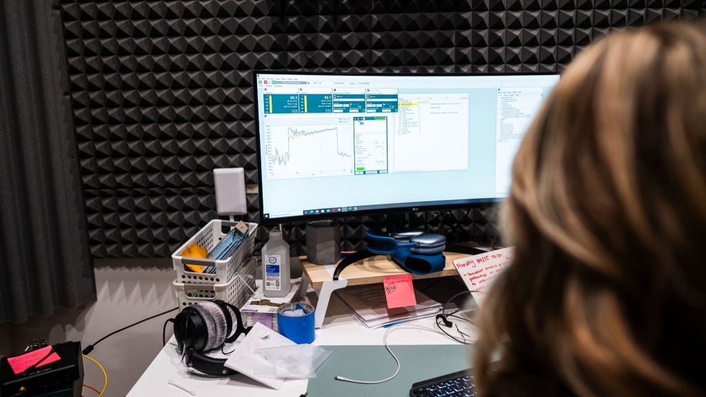 using soundcheck software, we analyzed the audio output of each pair...