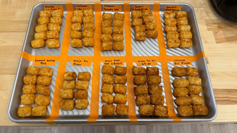 comparing the color from all of the air fryer tater tots.