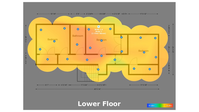 our heat map on the lower floor shows good signal throughout.