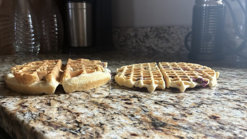 waffle maker - a thicker, fluffier belgian waffle next to a thinner and denser...