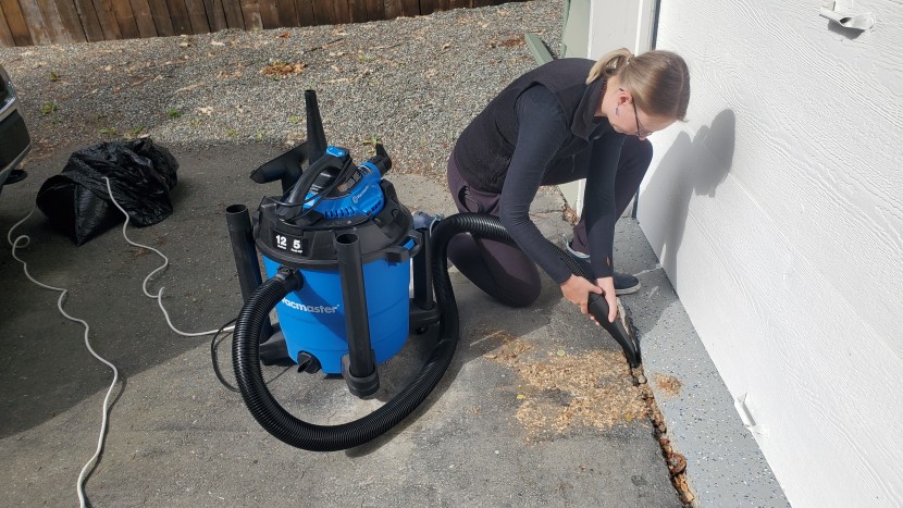 shop vac - the vacmaster 12 gallon has enough suction power for outdoor use.