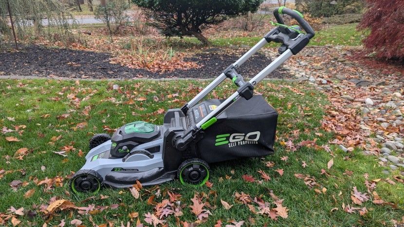 the ego bag clips on easily, and collects the grass or leaf...