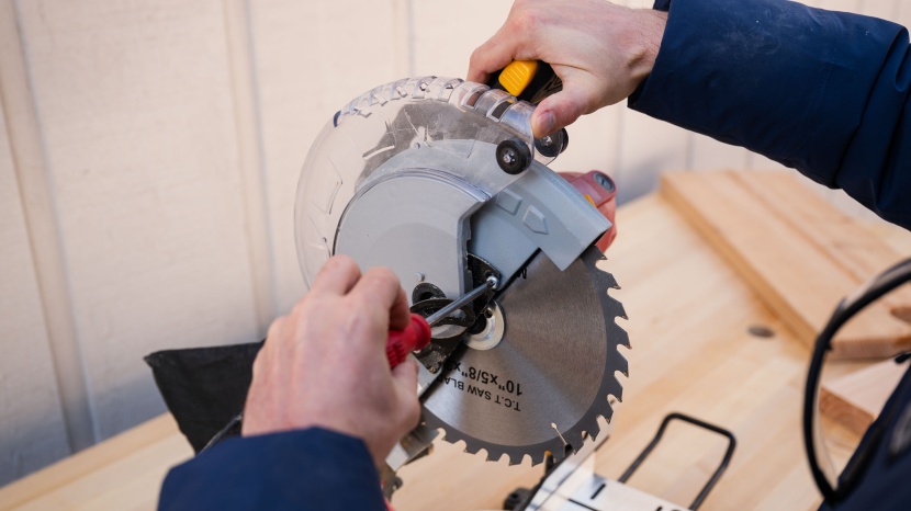 saw - a helpful sticker with blade change instructions is placed on the...