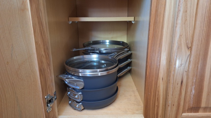 cookware set - thanks to their lid design, the calphalon set stacks cleanly and...